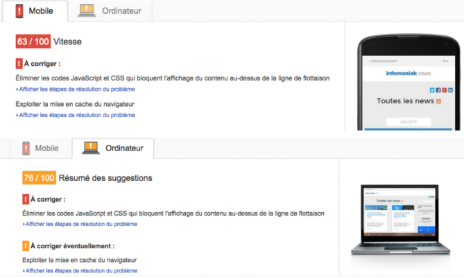 Résultat de Google Page Speed avant l'optimisation