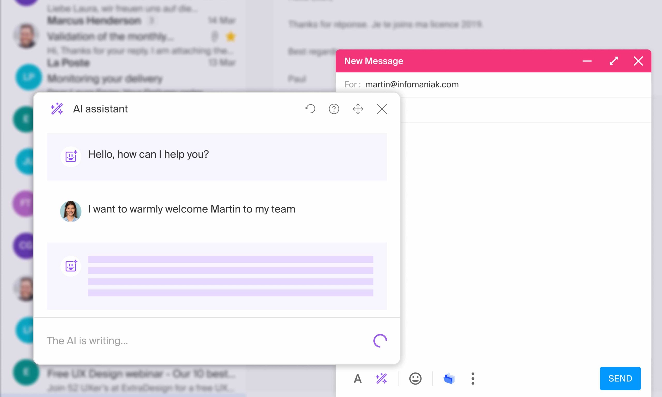 Die in den Mail-Service integrierte KI beinhaltet einen Schreibassistenten, der über das Texteingabefenster einer Nachricht gestartet wird.