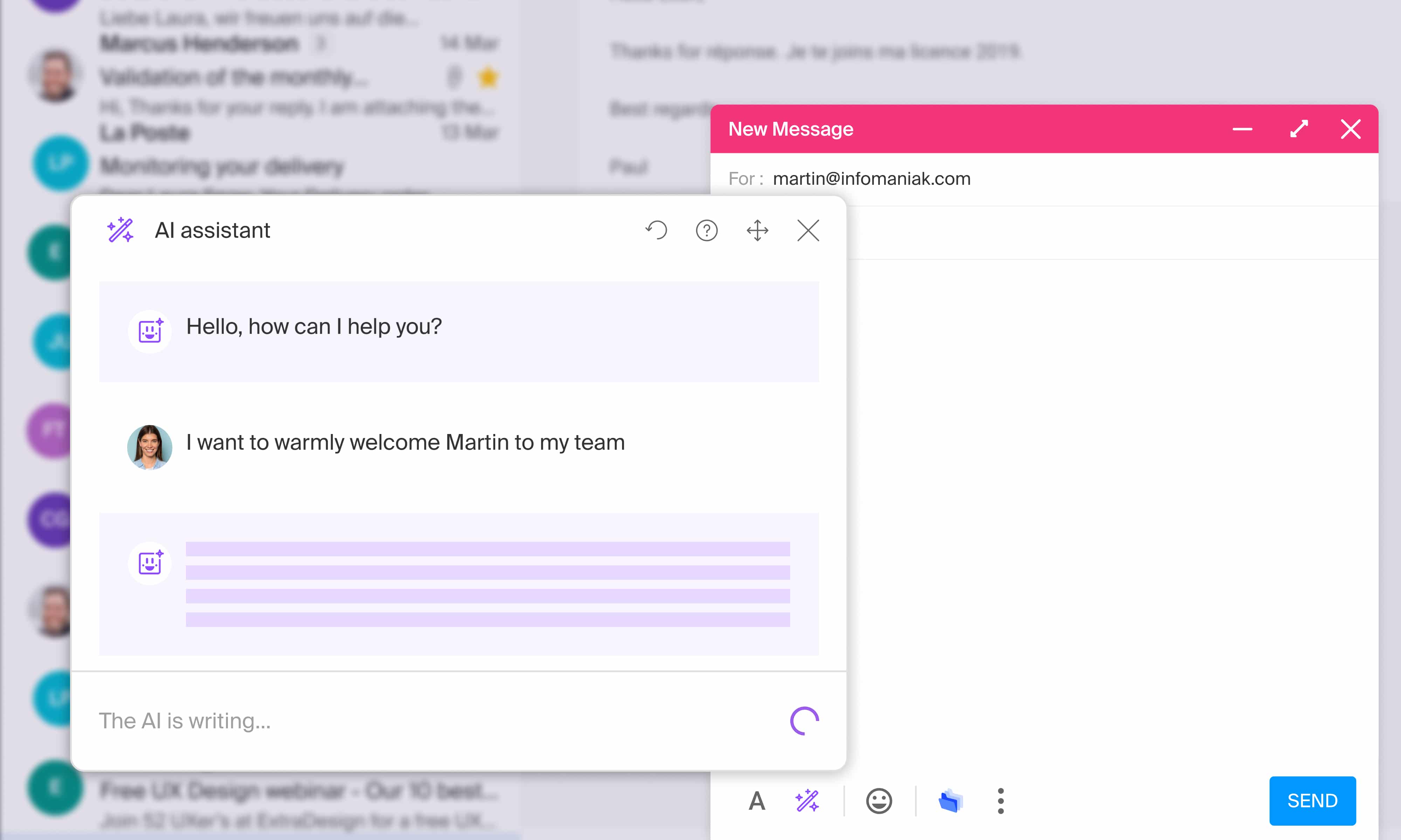 L’IA integrata nel servizio mail si presenta come un assistente di scrittura che si avvia dalla finestra di stesura dei messaggi.