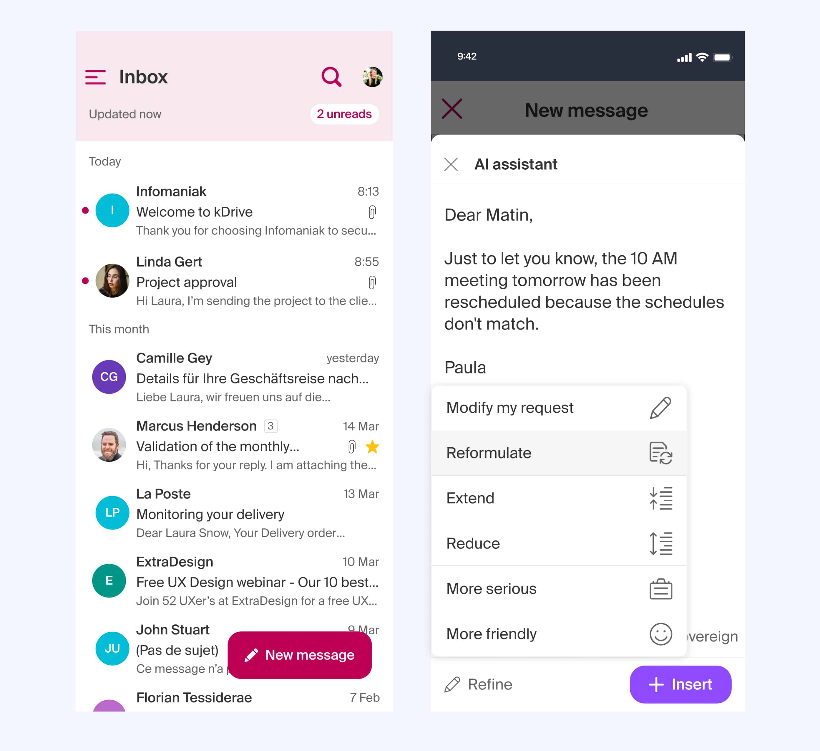 L’assistente di scrittura è disponibile anche da smartphone con l’app gratuita Infomaniak Mail.