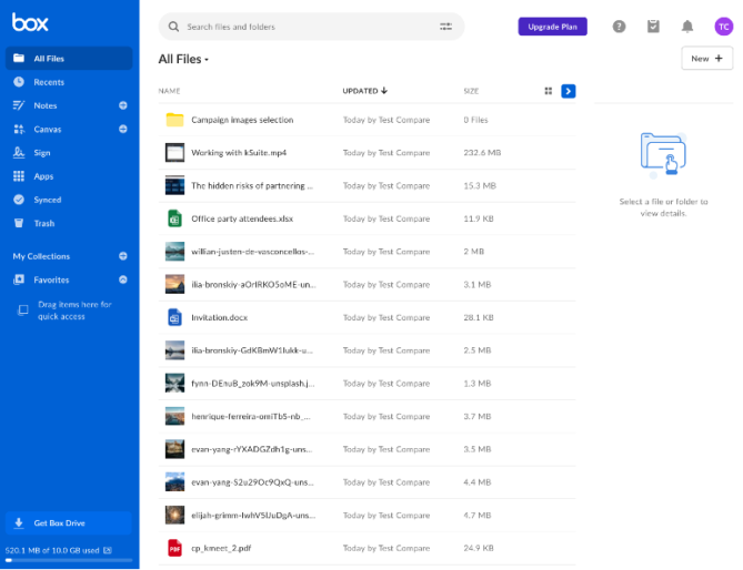 Capture d'écran de l'interface Web de Box avec la gestion avancée des fichiers, les métadonnées et les contrôles d'accès entreprise