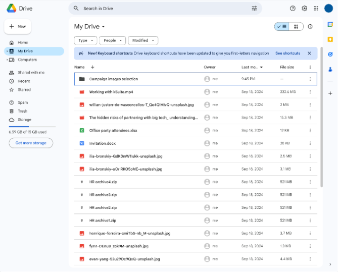 Capture d'écran de l'interface Web de Google Drive avec la liste des fichiers, dossiers partagés et intégration Google Workspace