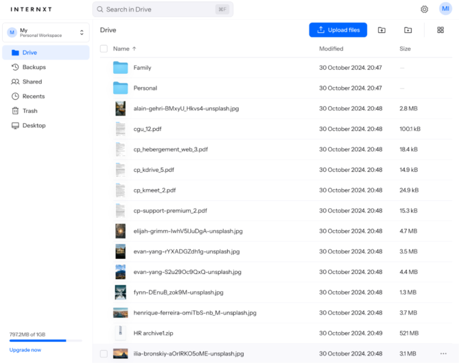 Capture d'écran de l'interface Web d'Internxt Drive avec le stockage décentralisé et chiffré et la gestion des fichiers