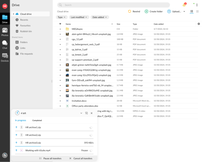 Capture d'écran de l'interface Web de MEGA avec le stockage cloud chiffré, l'arborescence des fichiers et les options de partage sécurisé