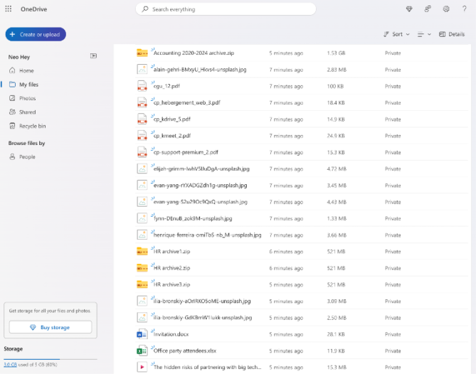 Capture d'écran de l'interface Web de Microsoft OneDrive avec l'intégration Office 365 et la gestion des fichiers partagés