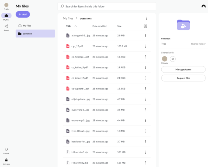 Capture d'écran de l'interface Web de NordLocker avec les dossiers chiffrés (lockers) et la gestion sécurisée des fichiers