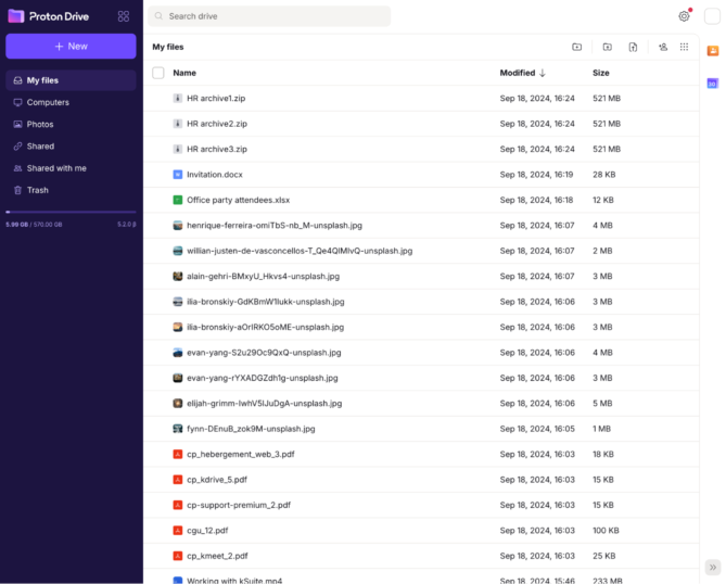 Capture d'écran de l'interface Web de Proton Drive avec le stockage chiffré de bout en bout et la gestion sécurisée des fichiers