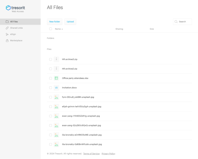 Capture d'écran de l'interface Web de Tresorit avec le stockage chiffré, les tresors sécurisés et les options de partage protégé