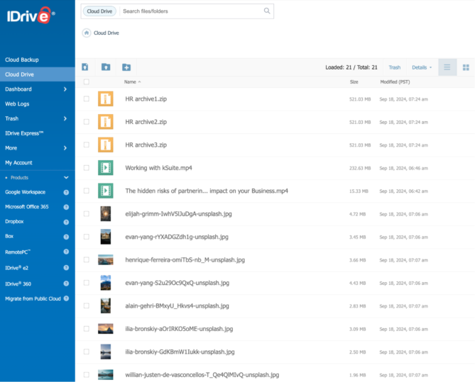Capture d'écran de l'interface Web d'iDrive montrant le tableau de bord de sauvegarde et la gestion des fichiers