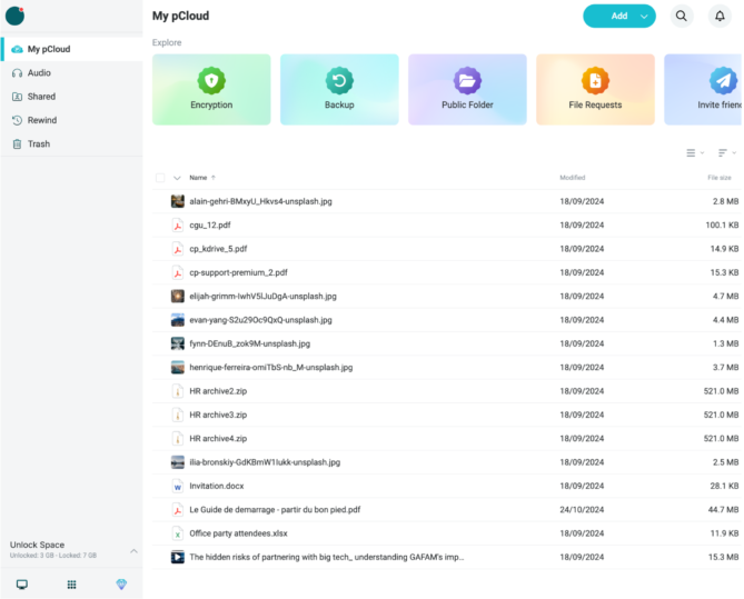 Capture d'écran de l'interface Web de pCloud avec l'arborescence des fichiers et le lecteur multimédia intégré