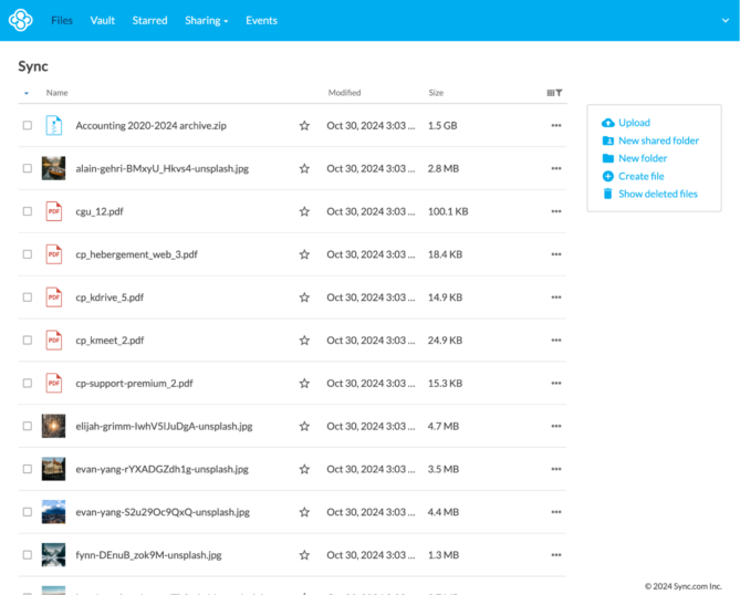 Capture d'écran de l'interface Web de Sync.com avec la vue des fichiers synchronisés et le coffre-fort virtuel