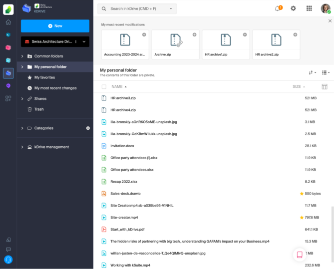 Capture d'écran de l'interface Web de kDrive montrant la gestion des fichiers et dossiers dans le cloud
