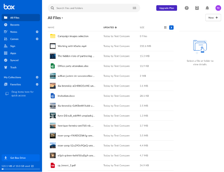 Schermata dell'interfaccia Web di Box con la gestione avanzata dei file, i metadati e i controlli di accesso aziendali