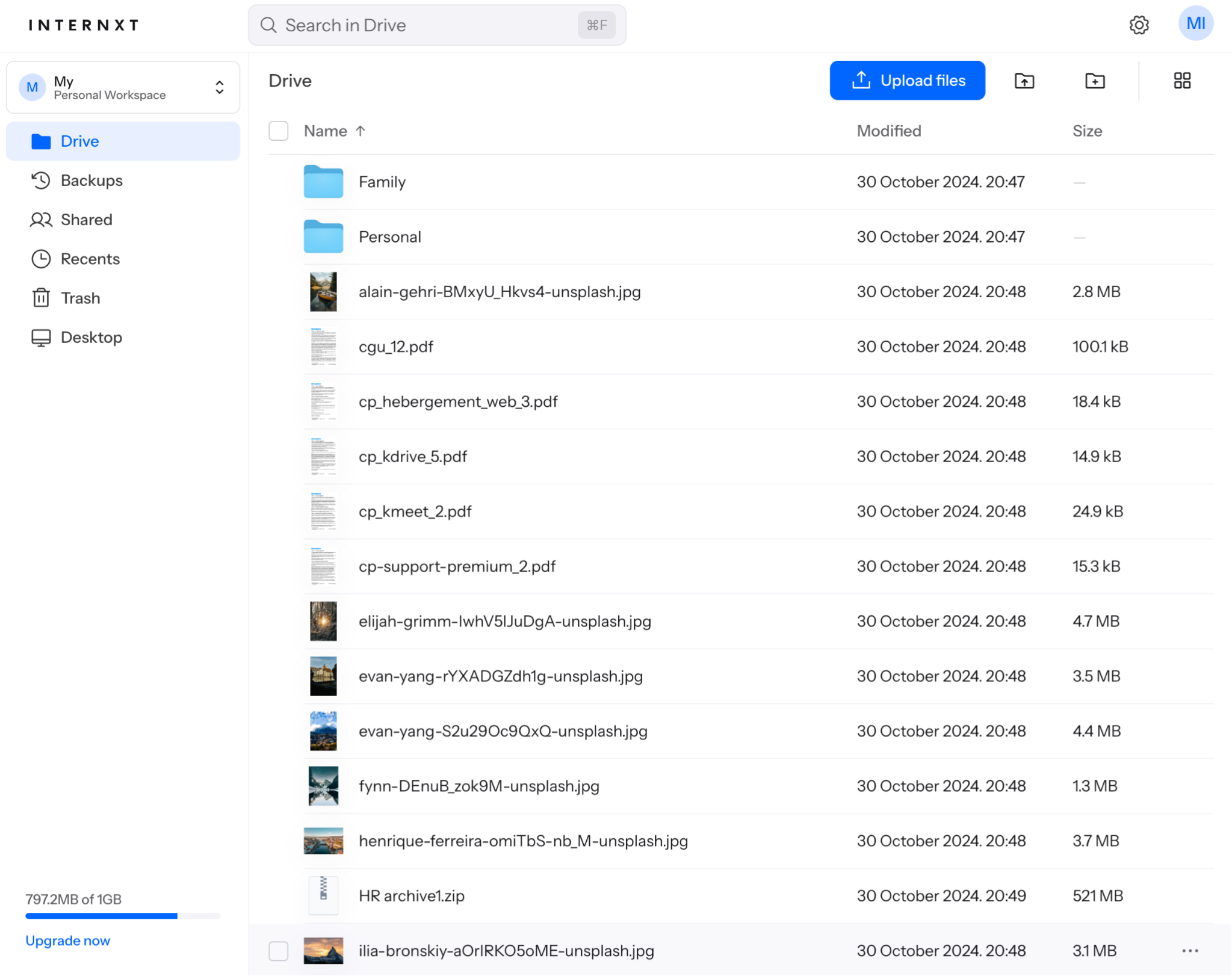 Schermata dell'interfaccia Web di Internxt Drive con lo storage decentralizzato e cifrato e la gestione dei file