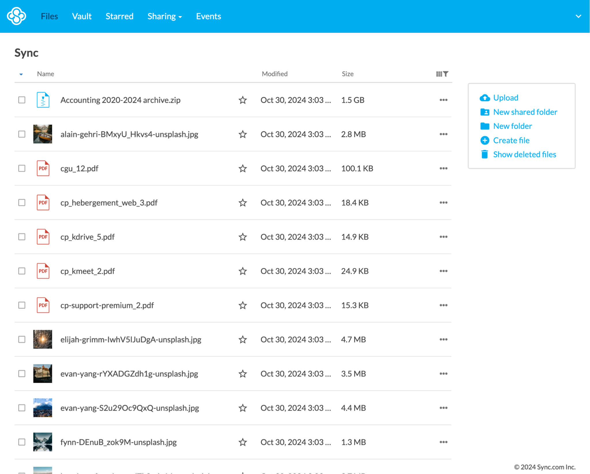 Schermata dell'interfaccia Web di Sync.com con la vista dei file sincronizzati e la cassaforte virtuale
