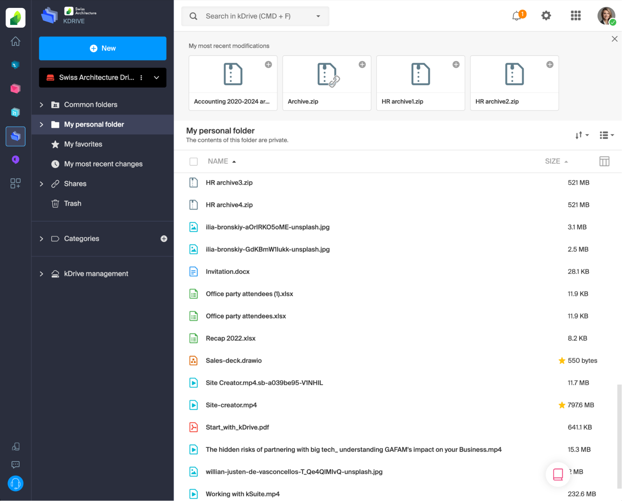Schermata dell'interfaccia Web di kDrive con la gestione di file e cartelle nel cloud