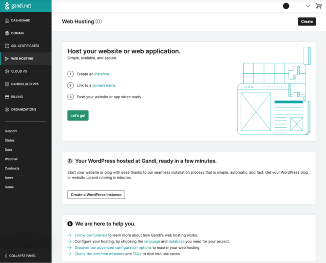 Capture d'écran de l'interface d'administration Gandi pour l'hébergement WordPress avec la gestion des conteneurs et des ressources
