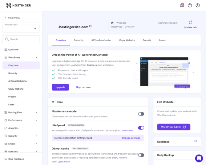 Capture d'écran du panneau de contrôle hPanel de Hostinger pour la gestion de l'hébergement WordPress avec CDN intégré