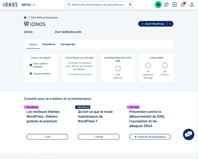 Capture d'écran de l'interface d'administration de l'hébergement WordPress IONOS avec les paliers de performance et la gestion du site