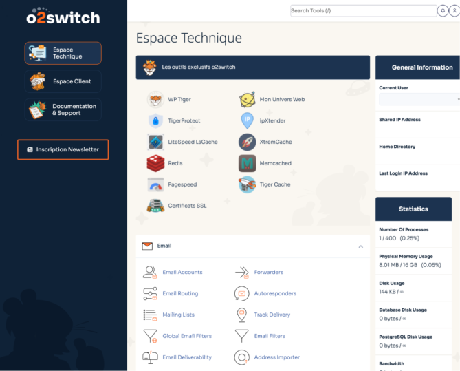 Capture d'écran de l'interface cPanel de o2switch pour la gestion de l'hébergement WordPress avec l'outil WPTiger