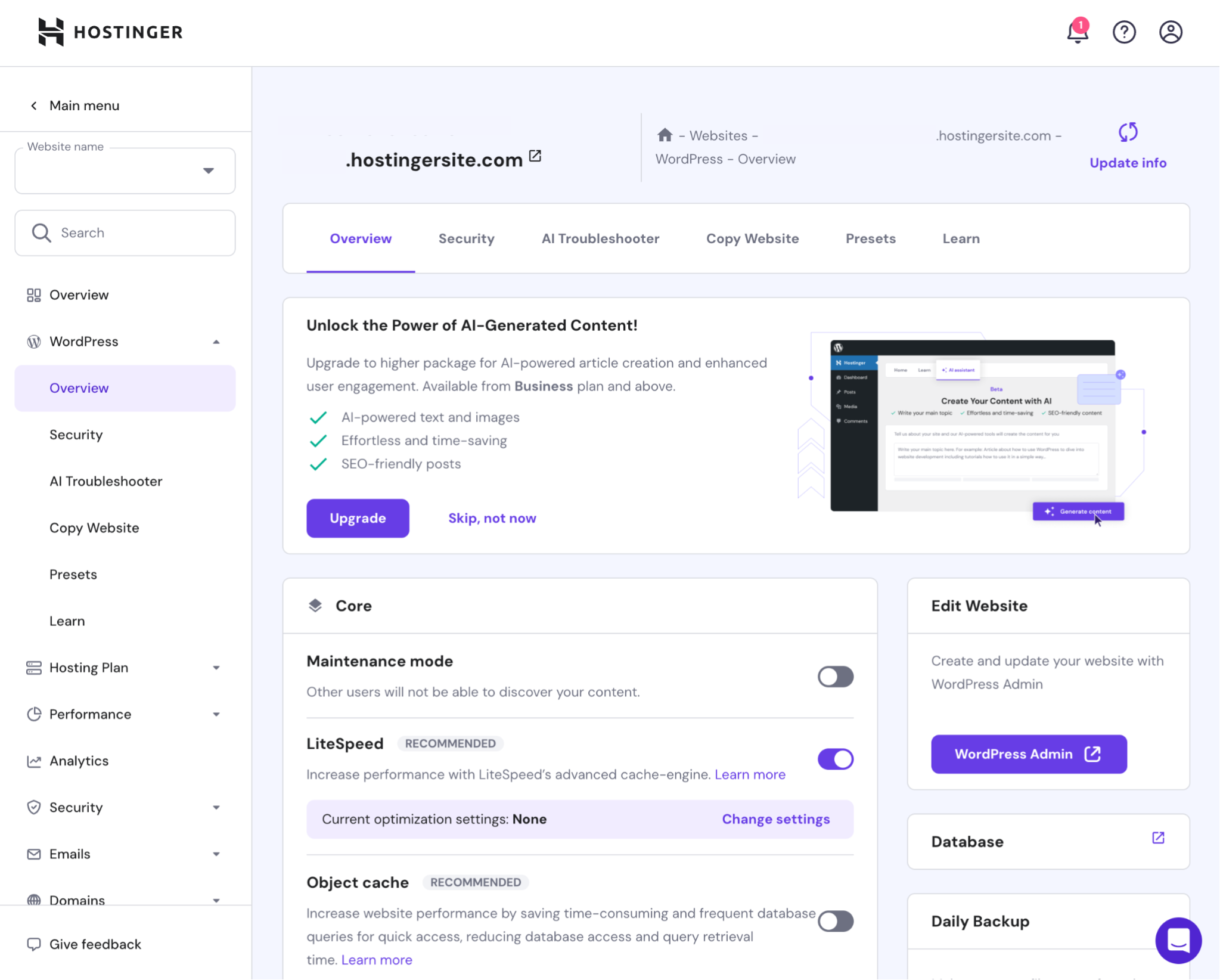 Capture d'écran du panneau de contrôle hPanel de Hostinger pour la gestion de l'hébergement WordPress avec CDN intégré